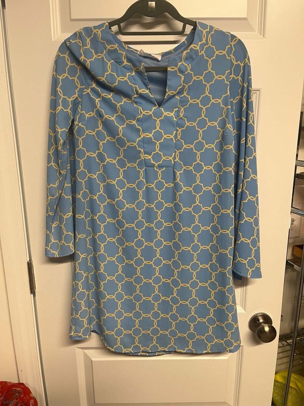 Peach Love California Blue and Cream Geometric Pattern Tunic Dress
